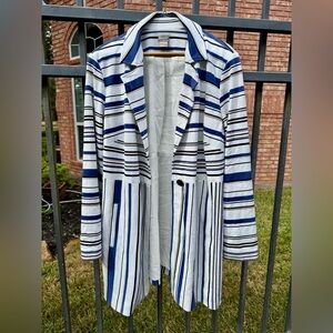 Chico's Blue and White Striped Trench Coat